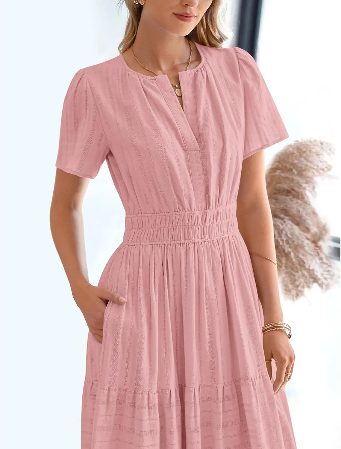BTFBM Womens Summer 2025 Casual Midi Maxi Dresses Lightweight Short Sleeve V Neck Elastic Waist Boho Beach Dress Pockets