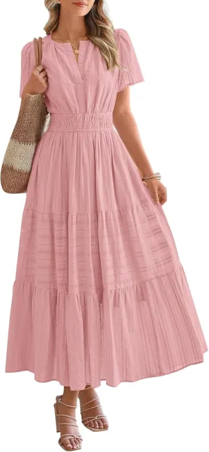 BTFBM Womens Summer 2025 Casual Midi Maxi Dresses Lightweight Short Sleeve V Neck Elastic Waist Boho Beach Dress Pockets