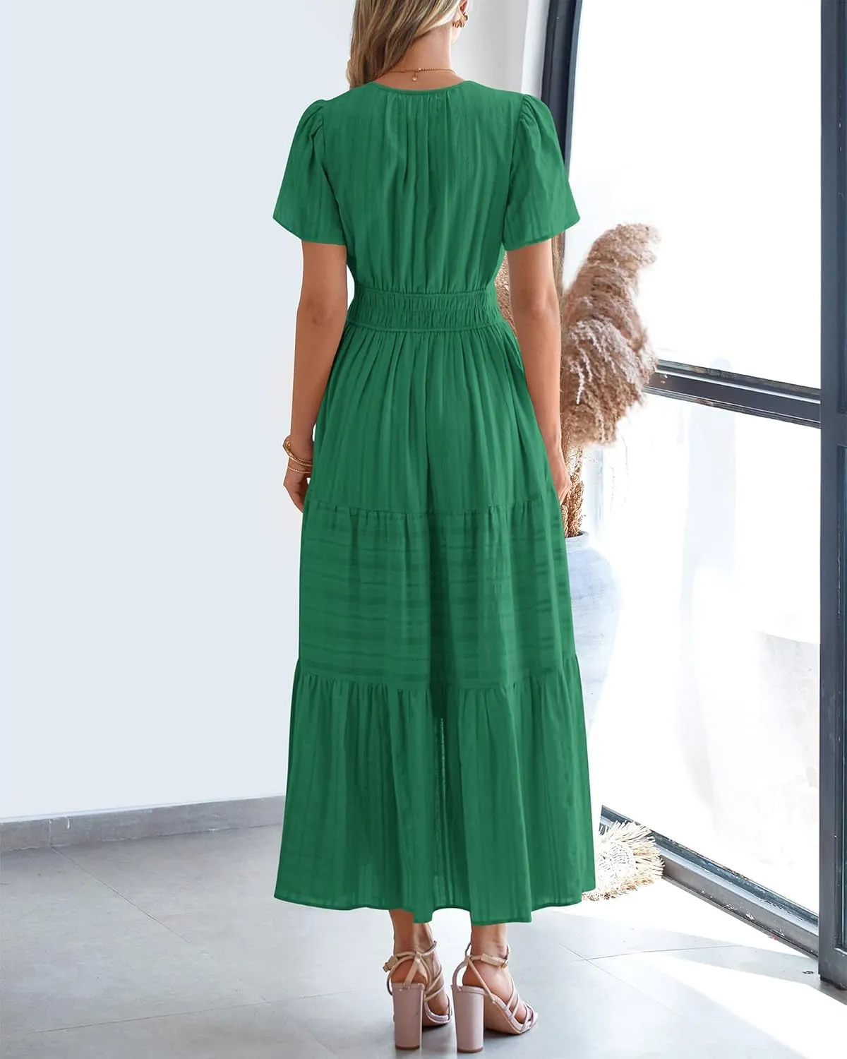 BTFBM Womens Summer 2025 Casual Midi Maxi Dresses Lightweight Short Sleeve V Neck Elastic Waist Boho Beach Dress Pockets