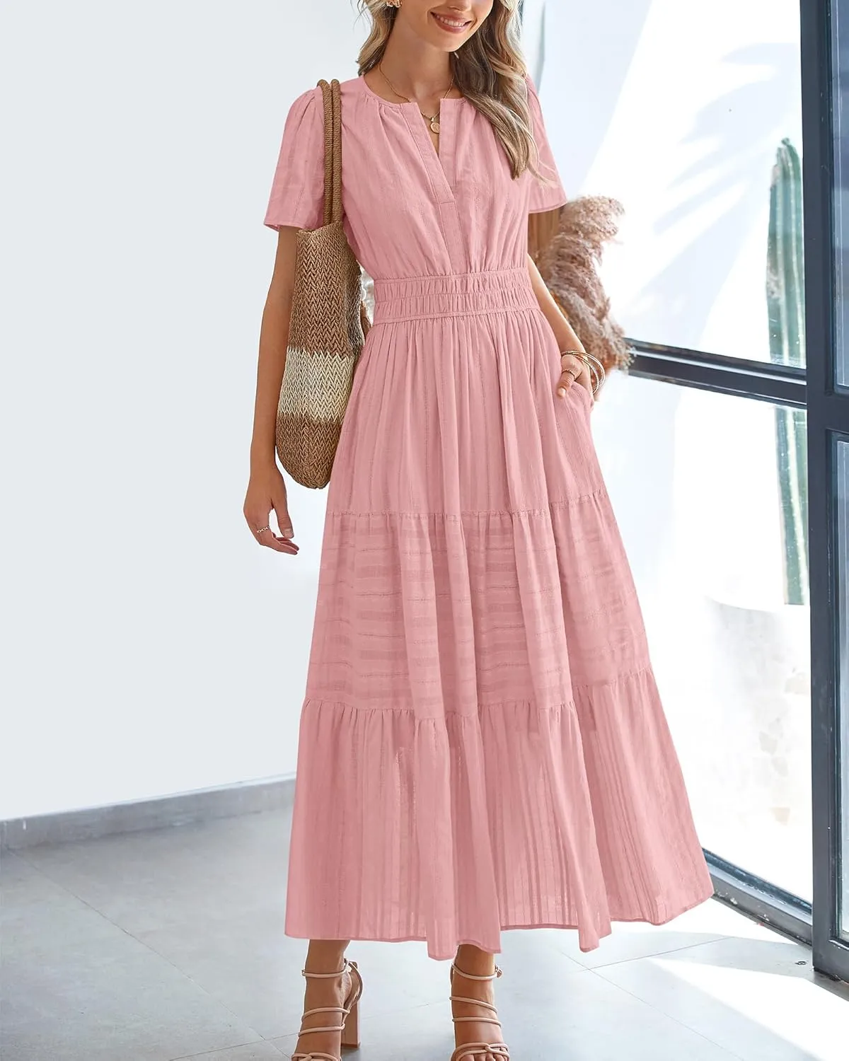 BTFBM Womens Summer 2025 Casual Midi Maxi Dresses Lightweight Short Sleeve V Neck Elastic Waist Boho Beach Dress Pockets