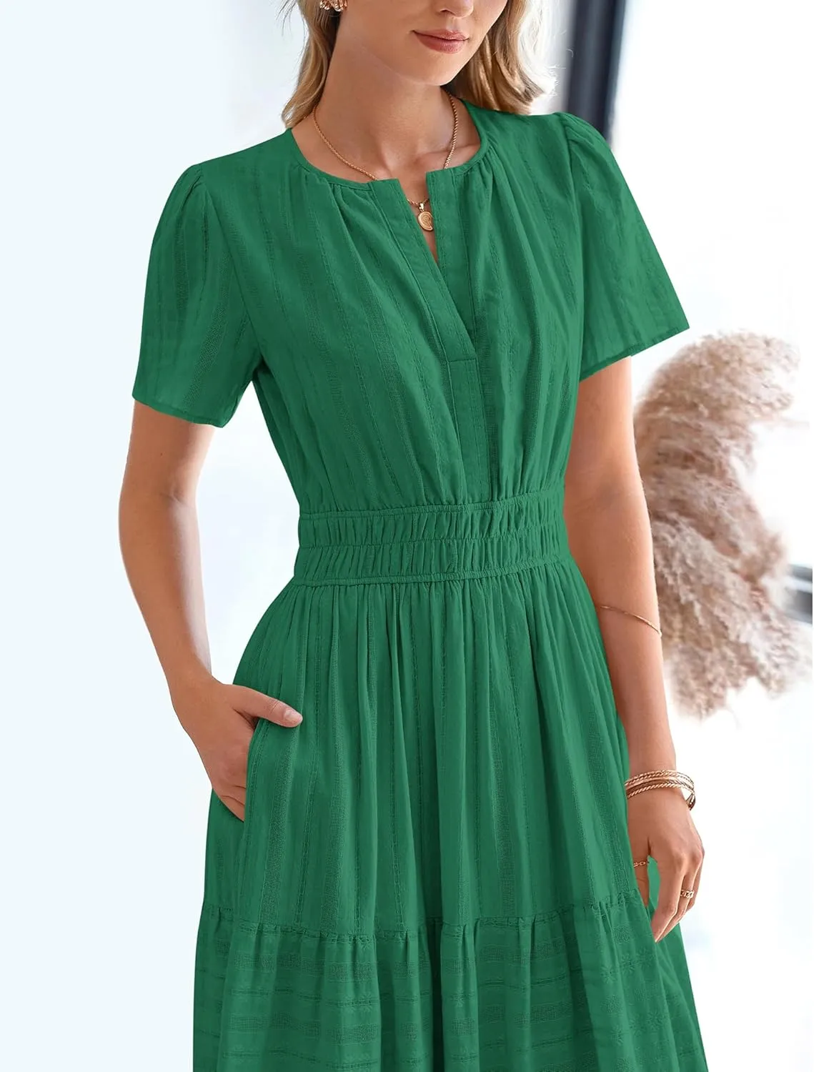 BTFBM Womens Summer 2025 Casual Midi Maxi Dresses Lightweight Short Sleeve V Neck Elastic Waist Boho Beach Dress Pockets