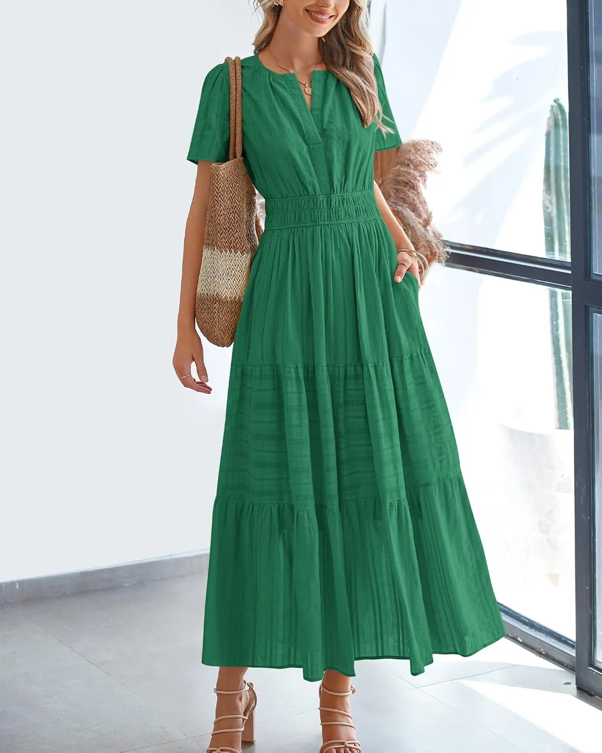 BTFBM Womens Summer 2025 Casual Midi Maxi Dresses Lightweight Short Sleeve V Neck Elastic Waist Boho Beach Dress Pockets