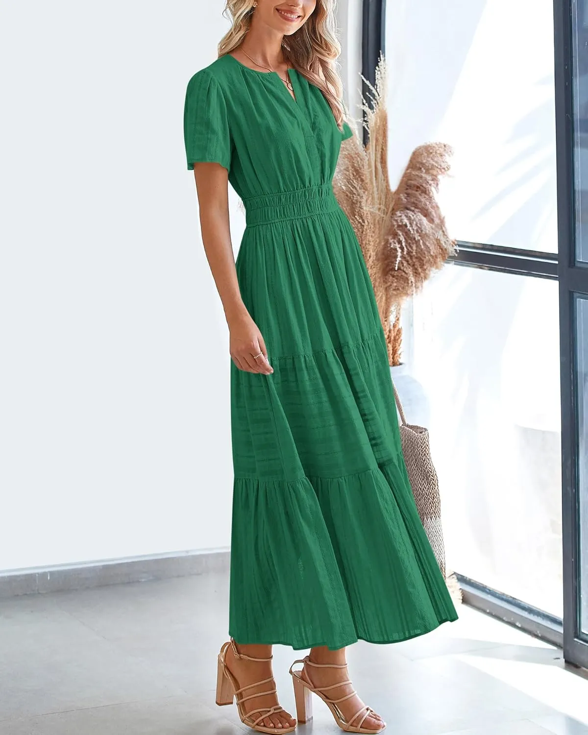 BTFBM Womens Summer 2025 Casual Midi Maxi Dresses Lightweight Short Sleeve V Neck Elastic Waist Boho Beach Dress Pockets