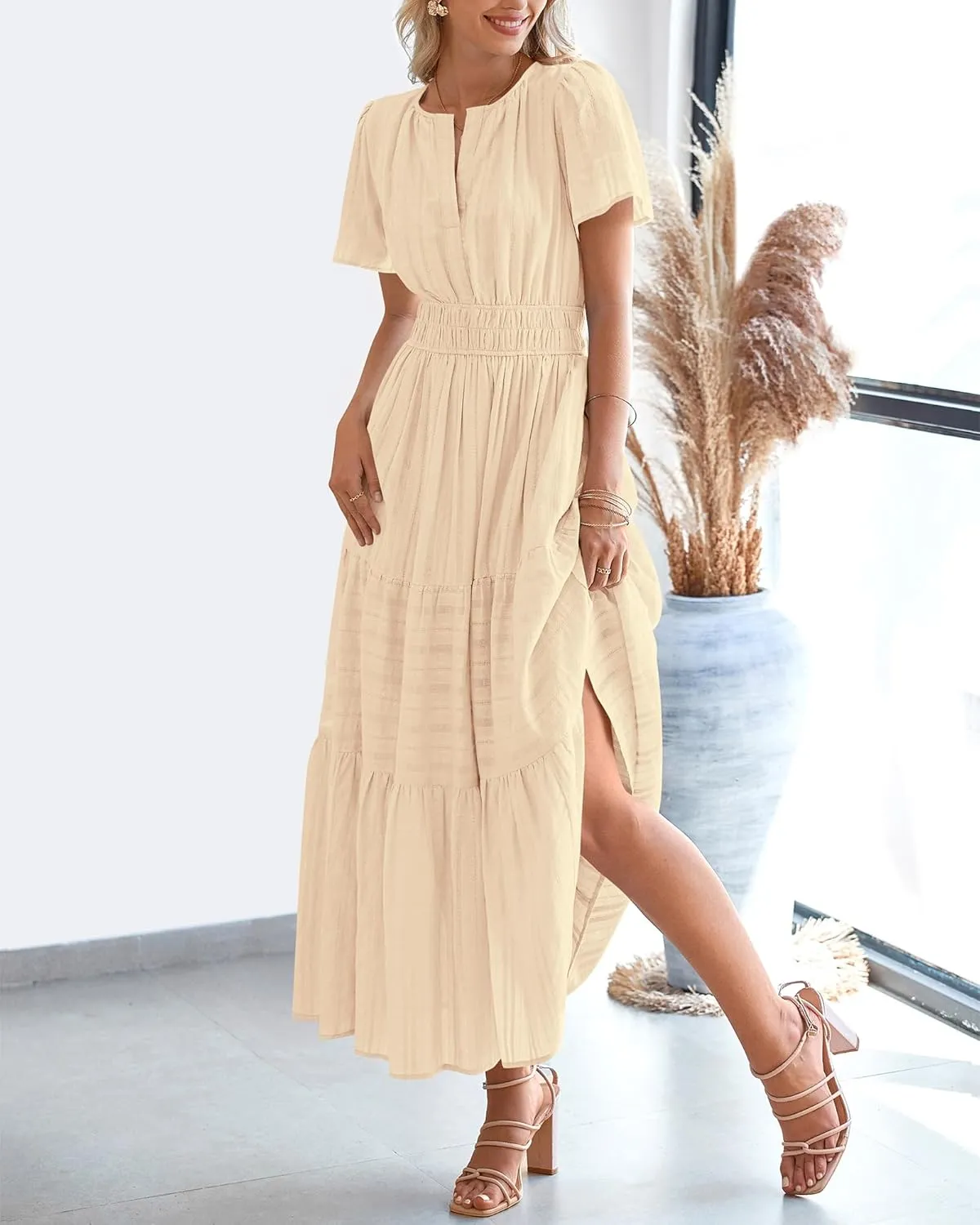BTFBM Womens Summer 2025 Casual Midi Maxi Dresses Lightweight Short Sleeve V Neck Elastic Waist Boho Beach Dress Pockets
