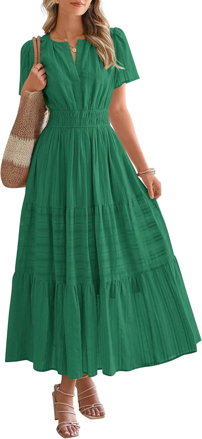 BTFBM Womens Summer 2025 Casual Midi Maxi Dresses Lightweight Short Sleeve V Neck Elastic Waist Boho Beach Dress Pockets