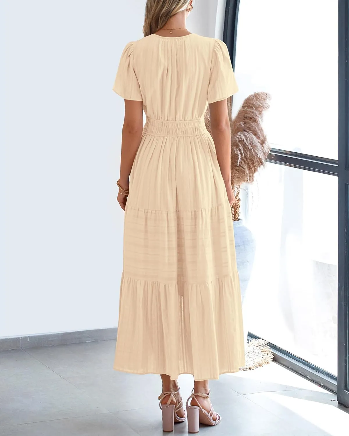 BTFBM Womens Summer 2025 Casual Midi Maxi Dresses Lightweight Short Sleeve V Neck Elastic Waist Boho Beach Dress Pockets