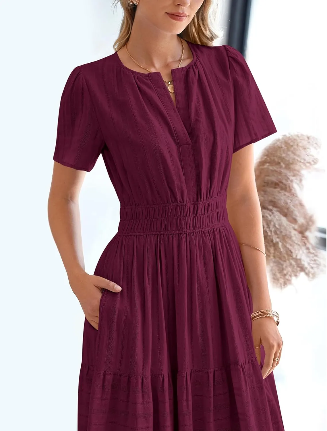 BTFBM Womens Summer 2025 Casual Midi Maxi Dresses Lightweight Short Sleeve V Neck Elastic Waist Boho Beach Dress Pockets