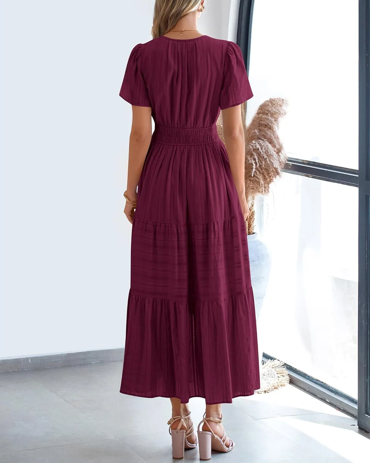 BTFBM Womens Summer 2025 Casual Midi Maxi Dresses Lightweight Short Sleeve V Neck Elastic Waist Boho Beach Dress Pockets