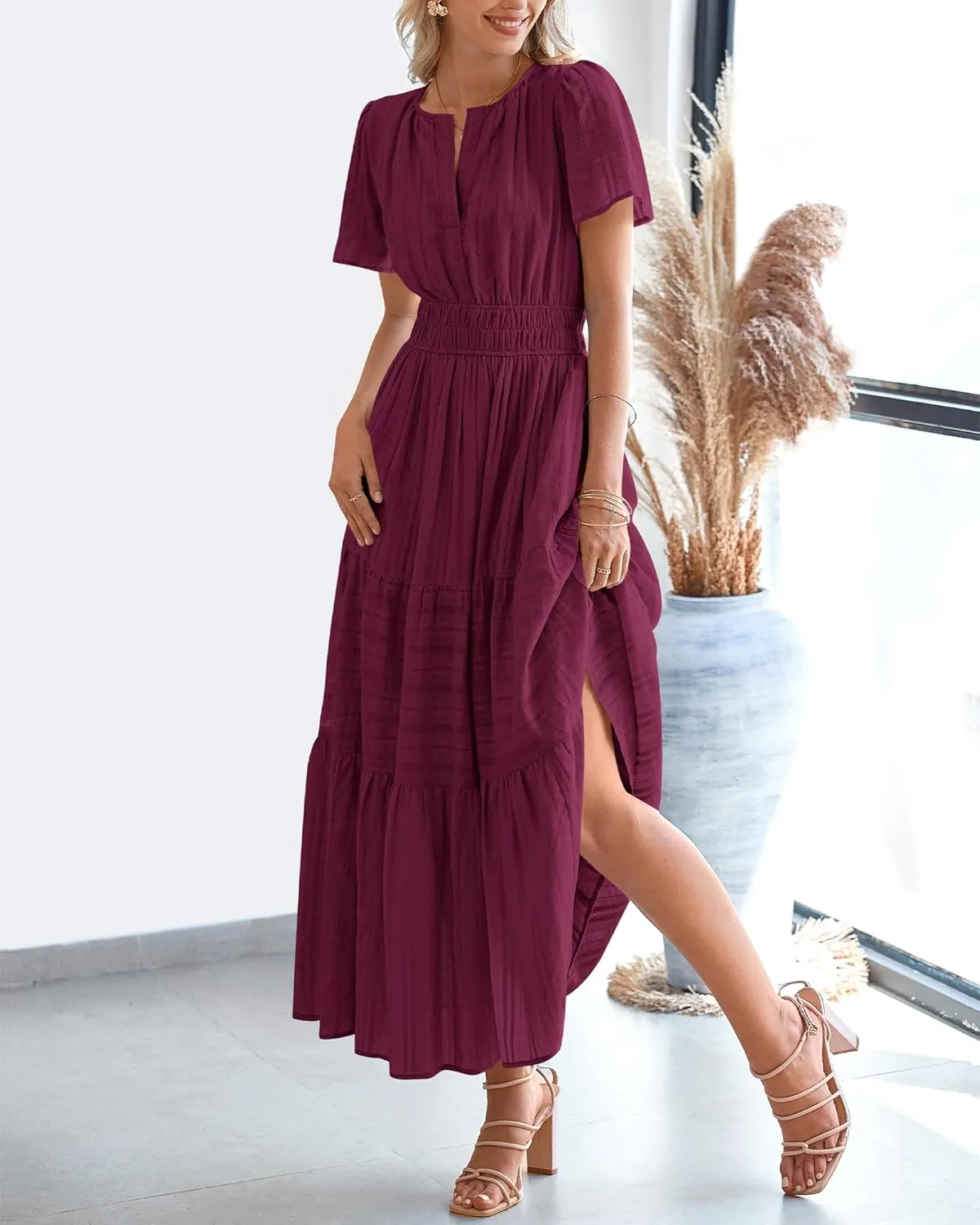BTFBM Womens Summer 2025 Casual Midi Maxi Dresses Lightweight Short Sleeve V Neck Elastic Waist Boho Beach Dress Pockets
