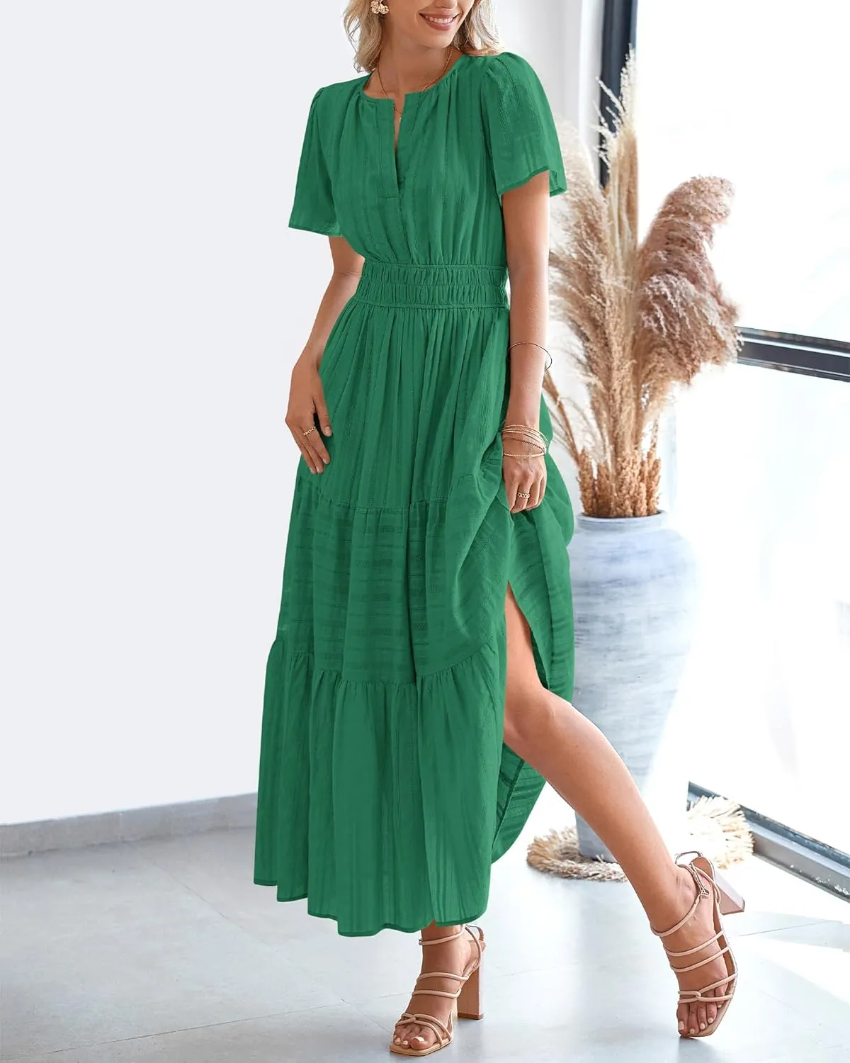 BTFBM Womens Summer 2025 Casual Midi Maxi Dresses Lightweight Short Sleeve V Neck Elastic Waist Boho Beach Dress Pockets