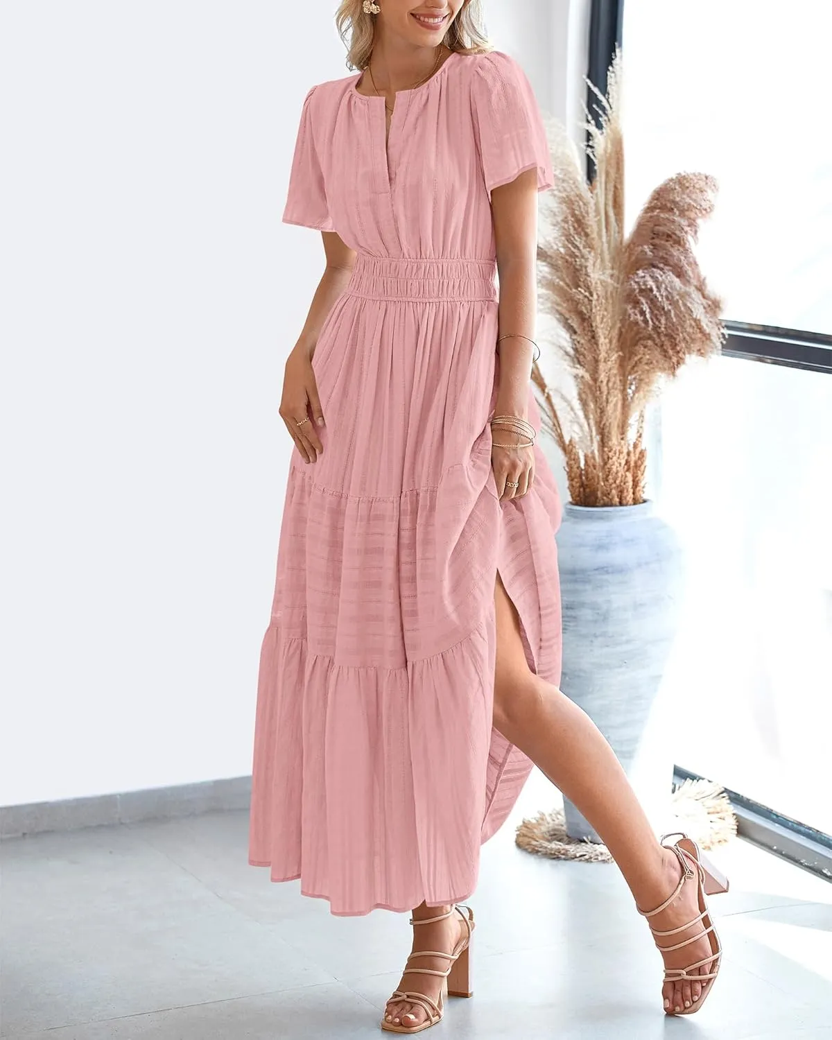 BTFBM Womens Summer 2025 Casual Midi Maxi Dresses Lightweight Short Sleeve V Neck Elastic Waist Boho Beach Dress Pockets