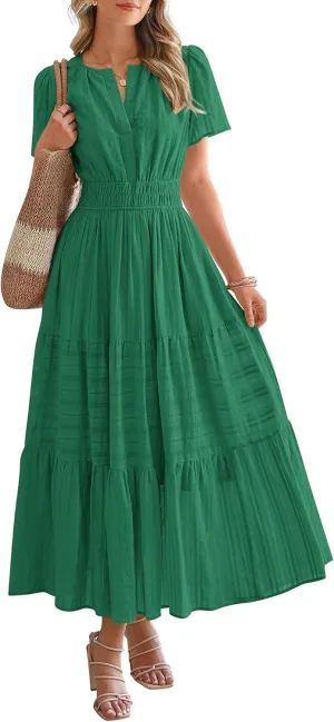 BTFBM Womens Summer 2025 Casual Midi Maxi Dresses Lightweight Short Sleeve V Neck Elastic Waist Boho Beach Dress Pockets