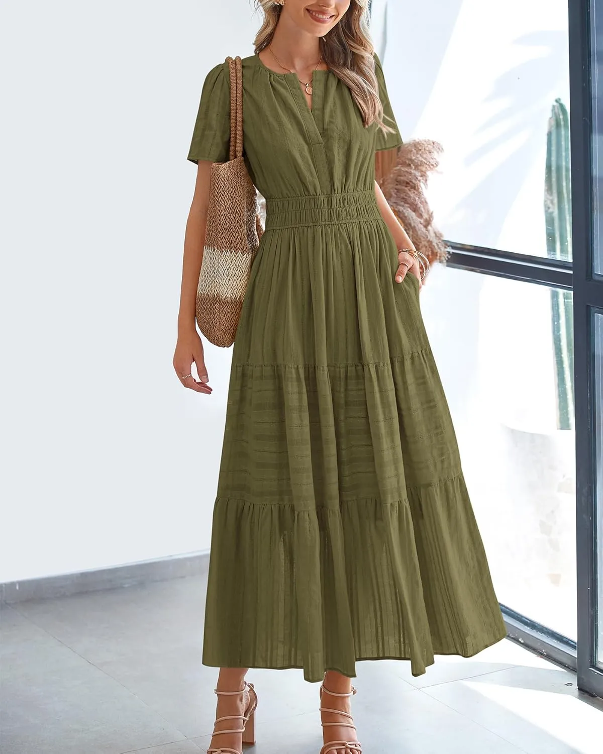 BTFBM Womens Summer 2025 Casual Midi Maxi Dresses Lightweight Short Sleeve V Neck Elastic Waist Boho Beach Dress Pockets