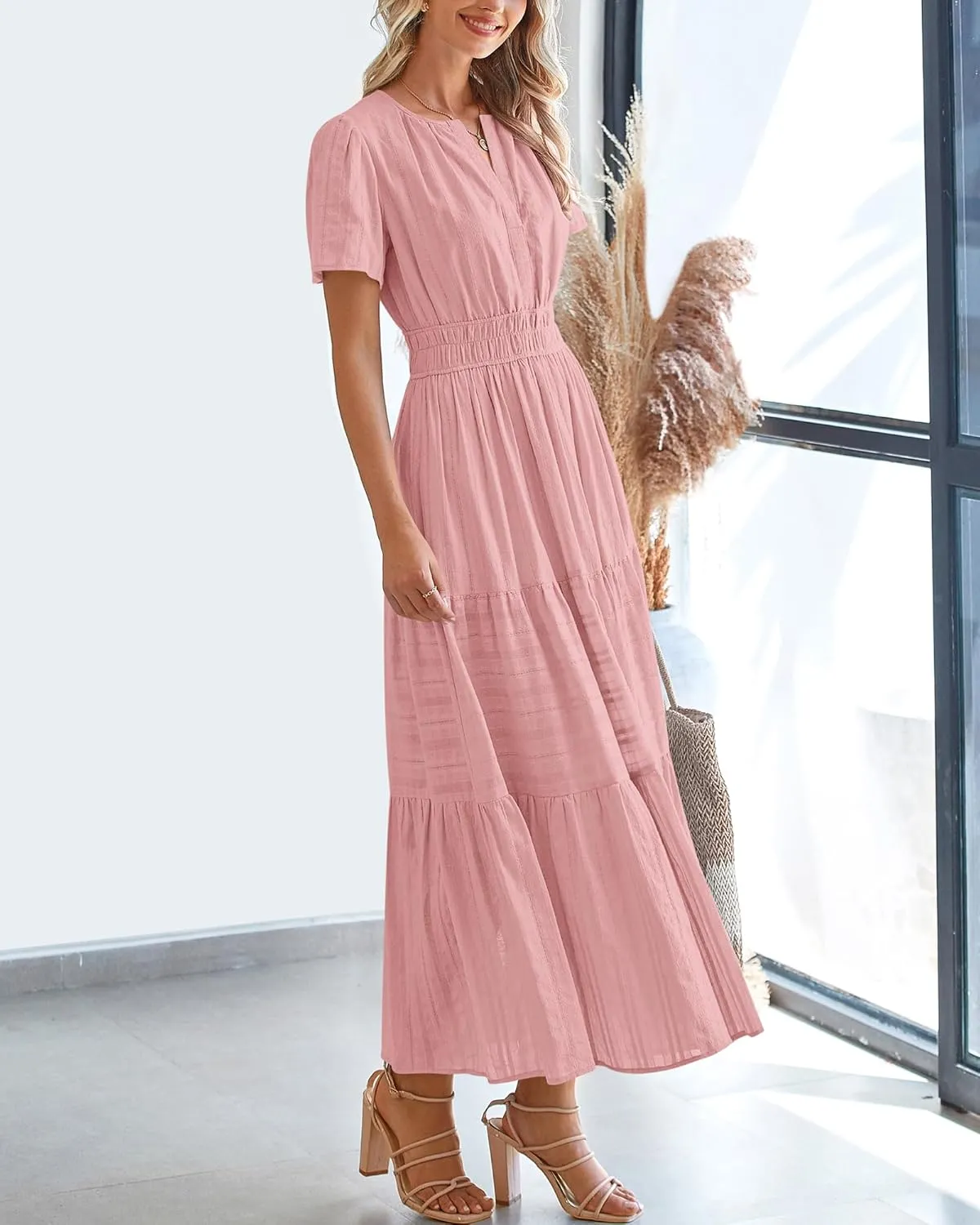 BTFBM Womens Summer 2025 Casual Midi Maxi Dresses Lightweight Short Sleeve V Neck Elastic Waist Boho Beach Dress Pockets