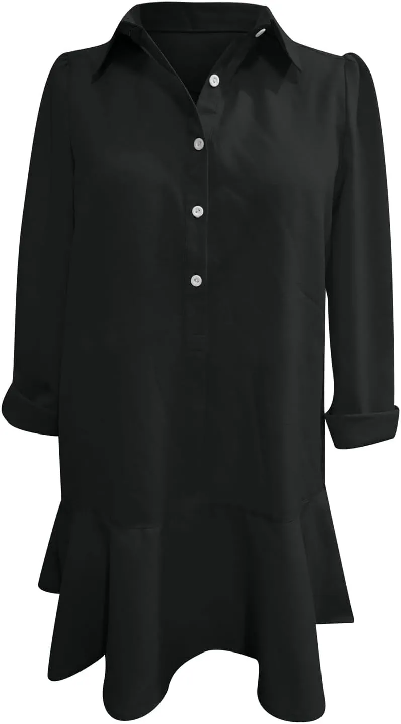 Button Down Shirt Dresses For Women 2025 Ruffle Flowy Casual Tunic Knee Length Mini Dresses Roll Up Sleeve Sundress