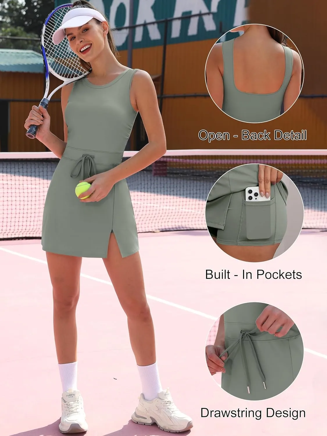 Caracilia Women Athletic Dress Tennis Active Workout Sleeveless Fitted Slit Summer Mini Golf Romper Dresses Built in Shorts