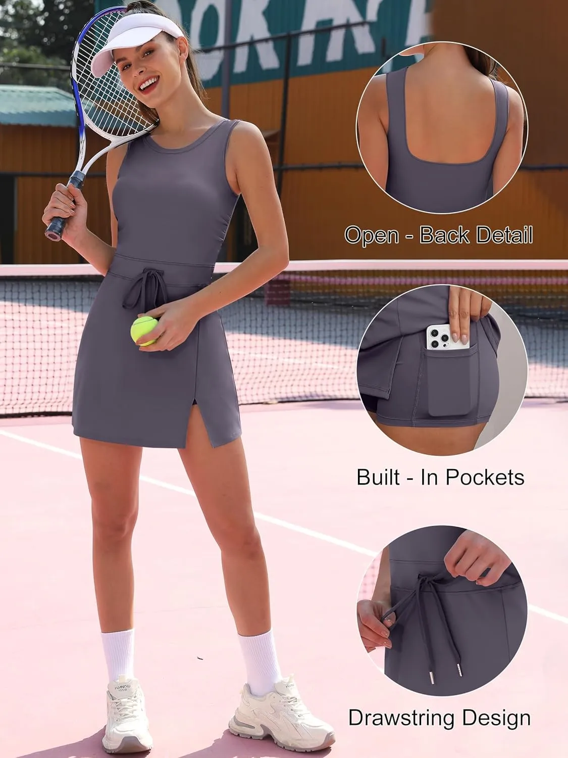 Caracilia Women Athletic Dress Tennis Active Workout Sleeveless Fitted Slit Summer Mini Golf Romper Dresses Built in Shorts
