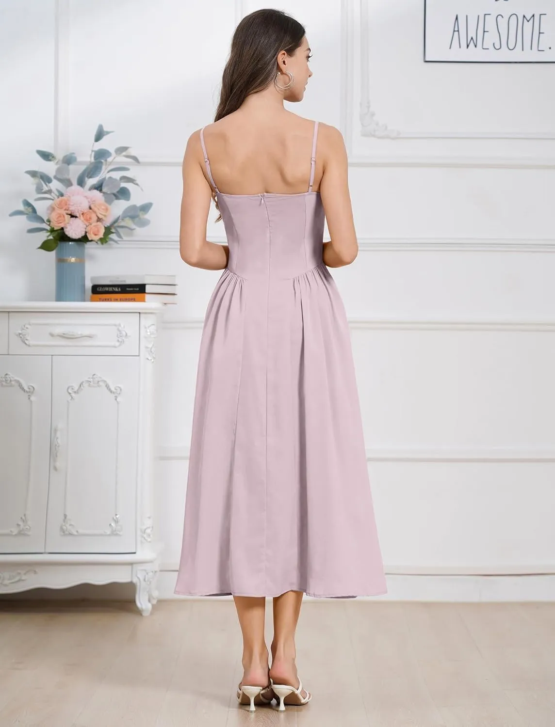 Casual Dresses for Women Boho Spaghetti Strap Corset Midi Dress with Pockets Low Cut Flowy Pleated Bustier Sundress