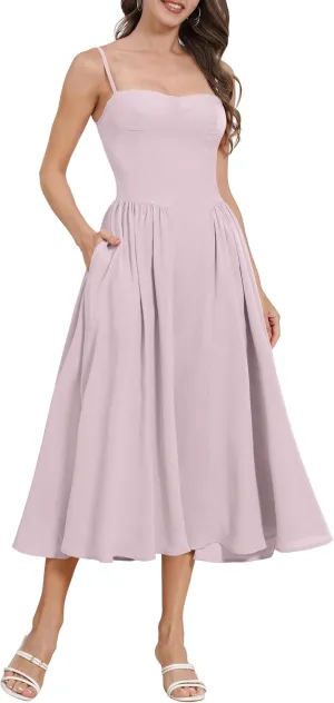 Casual Dresses for Women Boho Spaghetti Strap Corset Midi Dress with Pockets Low Cut Flowy Pleated Bustier Sundress