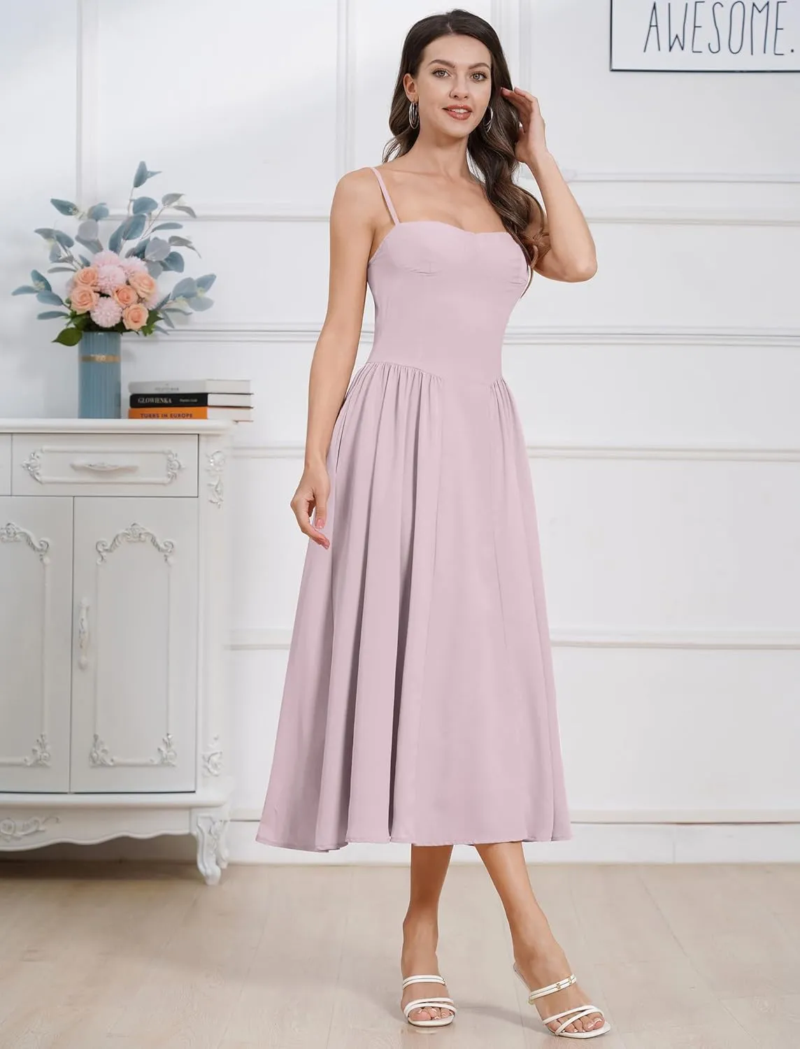 Casual Dresses for Women Boho Spaghetti Strap Corset Midi Dress with Pockets Low Cut Flowy Pleated Bustier Sundress