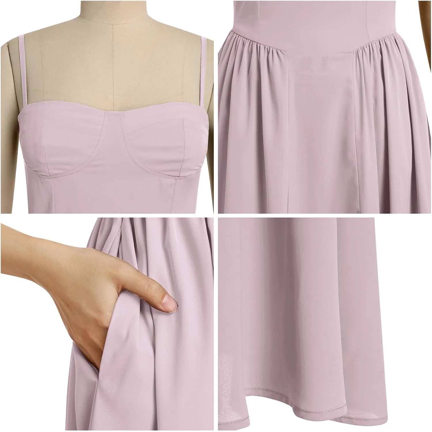 Casual Dresses for Women Boho Spaghetti Strap Corset Midi Dress with Pockets Low Cut Flowy Pleated Bustier Sundress