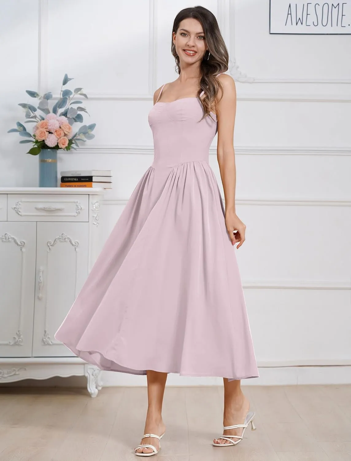 Casual Dresses for Women Boho Spaghetti Strap Corset Midi Dress with Pockets Low Cut Flowy Pleated Bustier Sundress