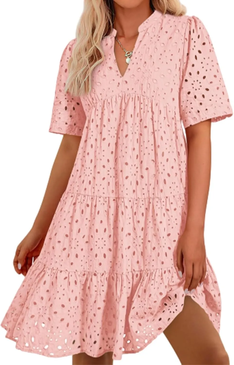 Casual Eyelet Dress for Women,Hollow Out Ruffle Casual Mini,Women Summer Ruffle Hem Floral Eyelets Dresses