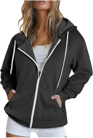 Cbcbtwo Zip Up Hoodies for Women Y2K Oversized Solid Sweatshirts Teen Girl Fall Casual Drawstring Jackets Loose Fleece Tops
