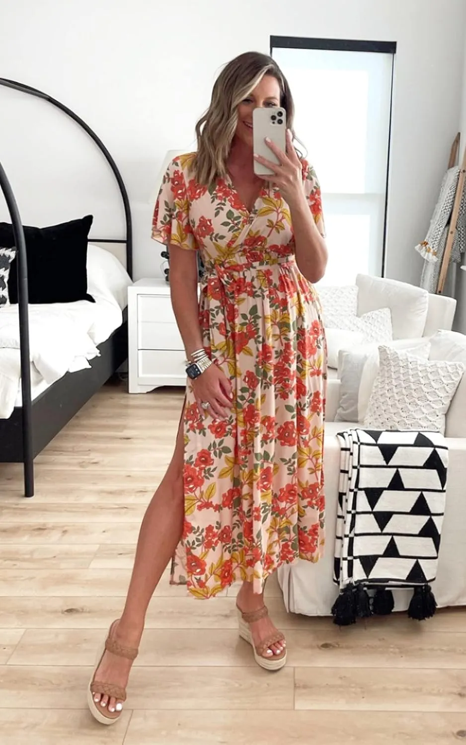 CCTOO Women's Summer Maxi Dress Casual Boho Floral Wrap V Neck Short Sleeve Ruffle Split Flowy Long Beach Dresses with Belt