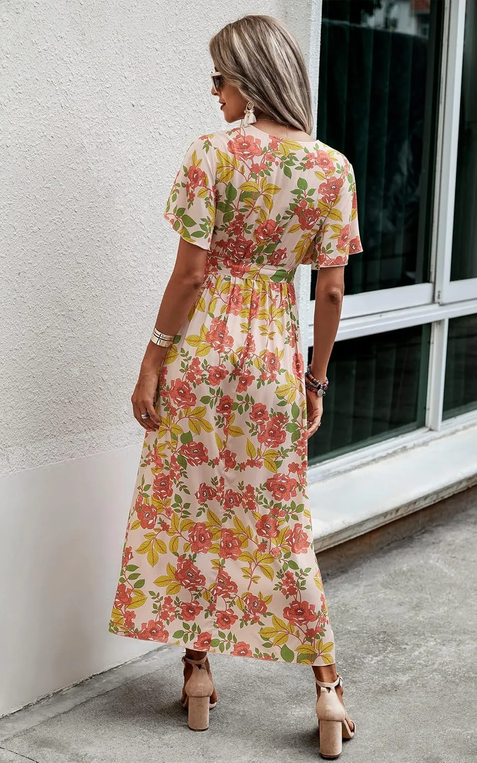 CCTOO Women's Summer Maxi Dress Casual Boho Floral Wrap V Neck Short Sleeve Ruffle Split Flowy Long Beach Dresses with Belt
