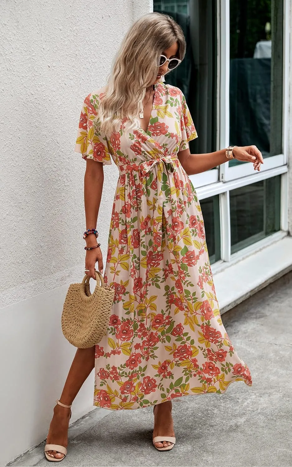 CCTOO Women's Summer Maxi Dress Casual Boho Floral Wrap V Neck Short Sleeve Ruffle Split Flowy Long Beach Dresses with Belt