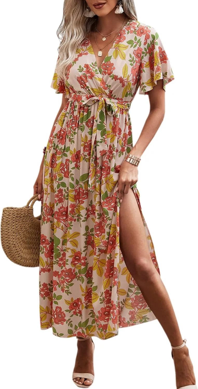 CCTOO Women's Summer Maxi Dress Casual Boho Floral Wrap V Neck Short Sleeve Ruffle Split Flowy Long Beach Dresses with Belt