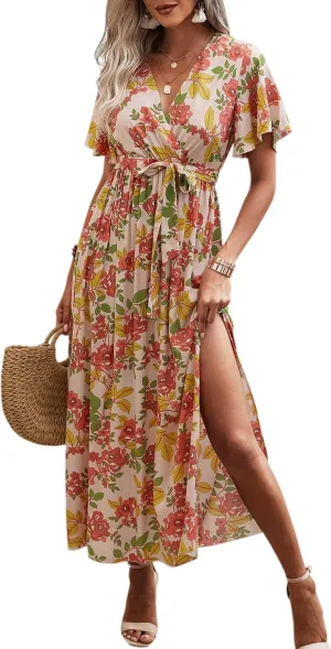 CCTOO Women's Summer Maxi Dress Casual Boho Floral Wrap V Neck Short Sleeve Ruffle Split Flowy Long Beach Dresses with Belt