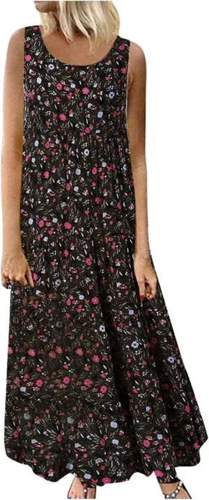 Ceboyel Women Boho Floral Maxi Dresses Flowy Tank Dress Sleeveless Smocked Sundresses Trendy Casual Beach Long Sun Dress