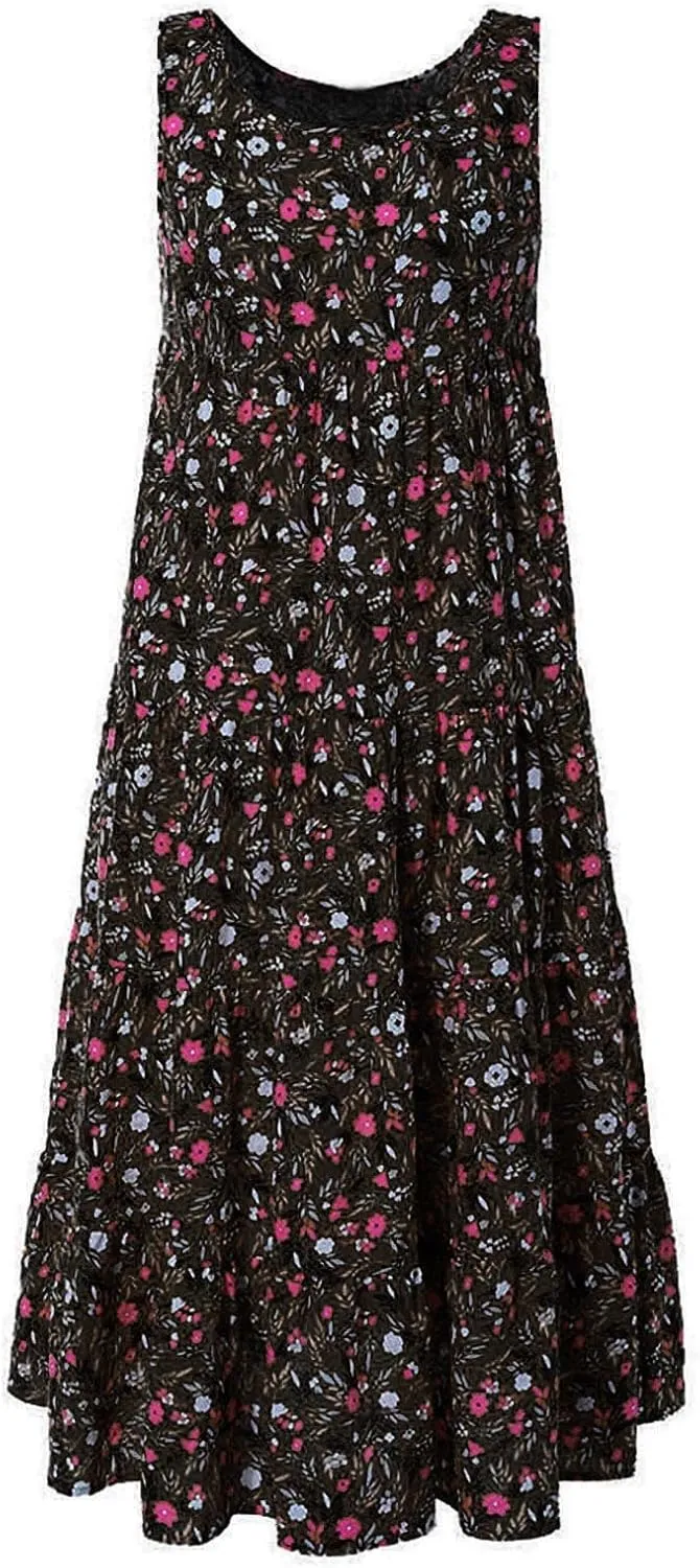 Ceboyel Women Boho Floral Maxi Dresses Flowy Tank Dress Sleeveless Smocked Sundresses Trendy Casual Beach Long Sun Dress