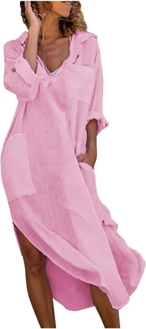 Ceboyel Womens Summer Causal Dresses Long Sleeve Dress Cotton Linen Shirt Dresses Dressy Trendy Ladies Outfits 2023