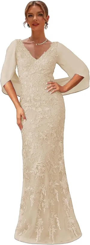Champagne Lace Formal Mother of The Bride Dresses with Shawl Chiffon Mermaid Evening Gowns for Women Size 14