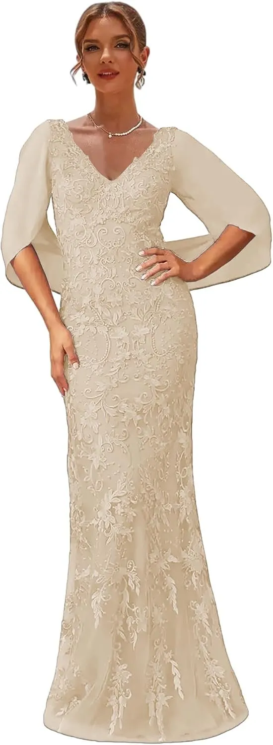 Champagne Lace Formal Mother of The Bride Dresses with Shawl Chiffon Mermaid Evening Gowns for Women Size 14