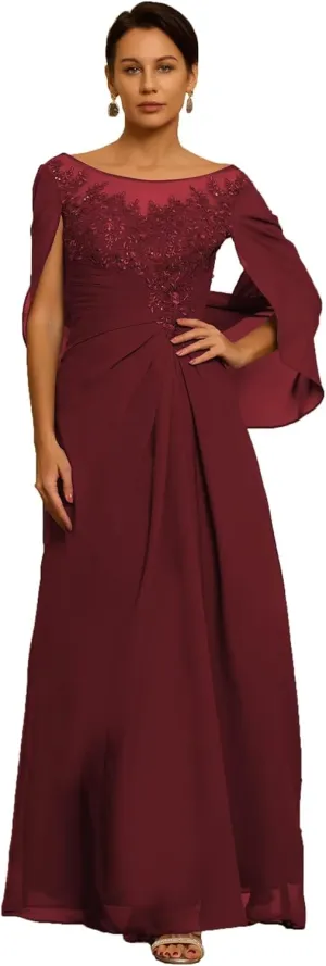Chiffon Cape Mother of The Bride Dresses for Wedding Laces Appliques Scoop Formal Dresses Evening Gowns