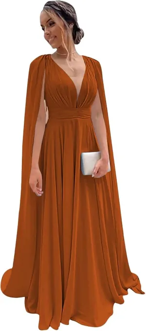 Chiffon Cape Sleeve Bridesmaid Dresses Pleated V Neck Formal Evening Dresses A-Line Ball Gowns for Women