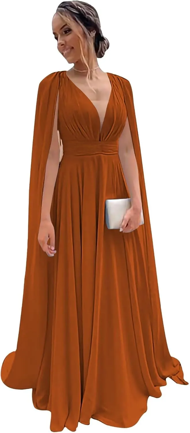 Chiffon Cape Sleeve Bridesmaid Dresses Pleated V Neck Formal Evening Dresses A-Line Ball Gowns for Women