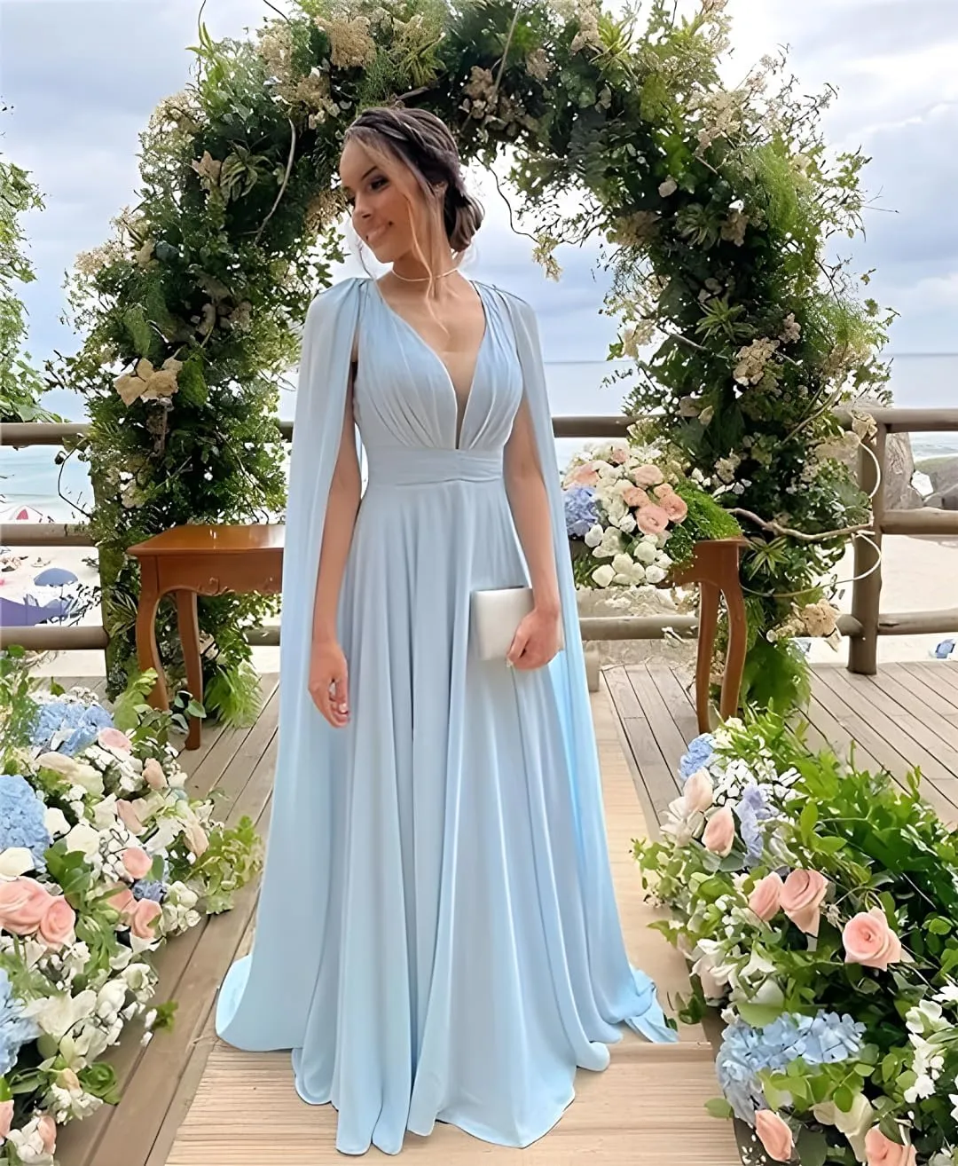 Chiffon Cape Sleeve Bridesmaid Dresses Pleated V Neck Formal Evening Dresses A-Line Ball Gowns for Women