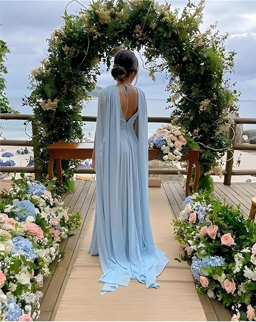Chiffon Cape Sleeve Bridesmaid Dresses Pleated V Neck Formal Evening Dresses A-Line Ball Gowns for Women