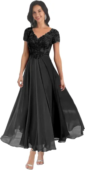Chiffon Lace Appliques Mother of The Bride Dresses for Wedding Long V Neck Short Sleeves Formal Evening Dress