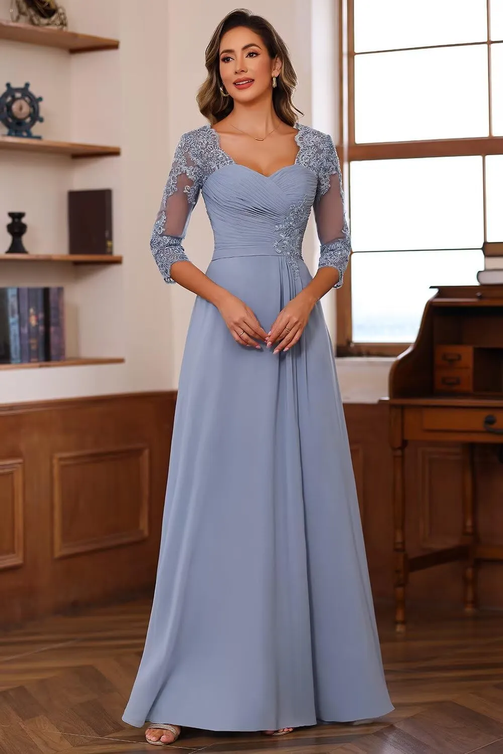 Chiffon Mother of Bride Dresses 2025 Lace Appliques 3/4 Sleeve Formal Dresses A Line Long Evening Prom Dress AU096