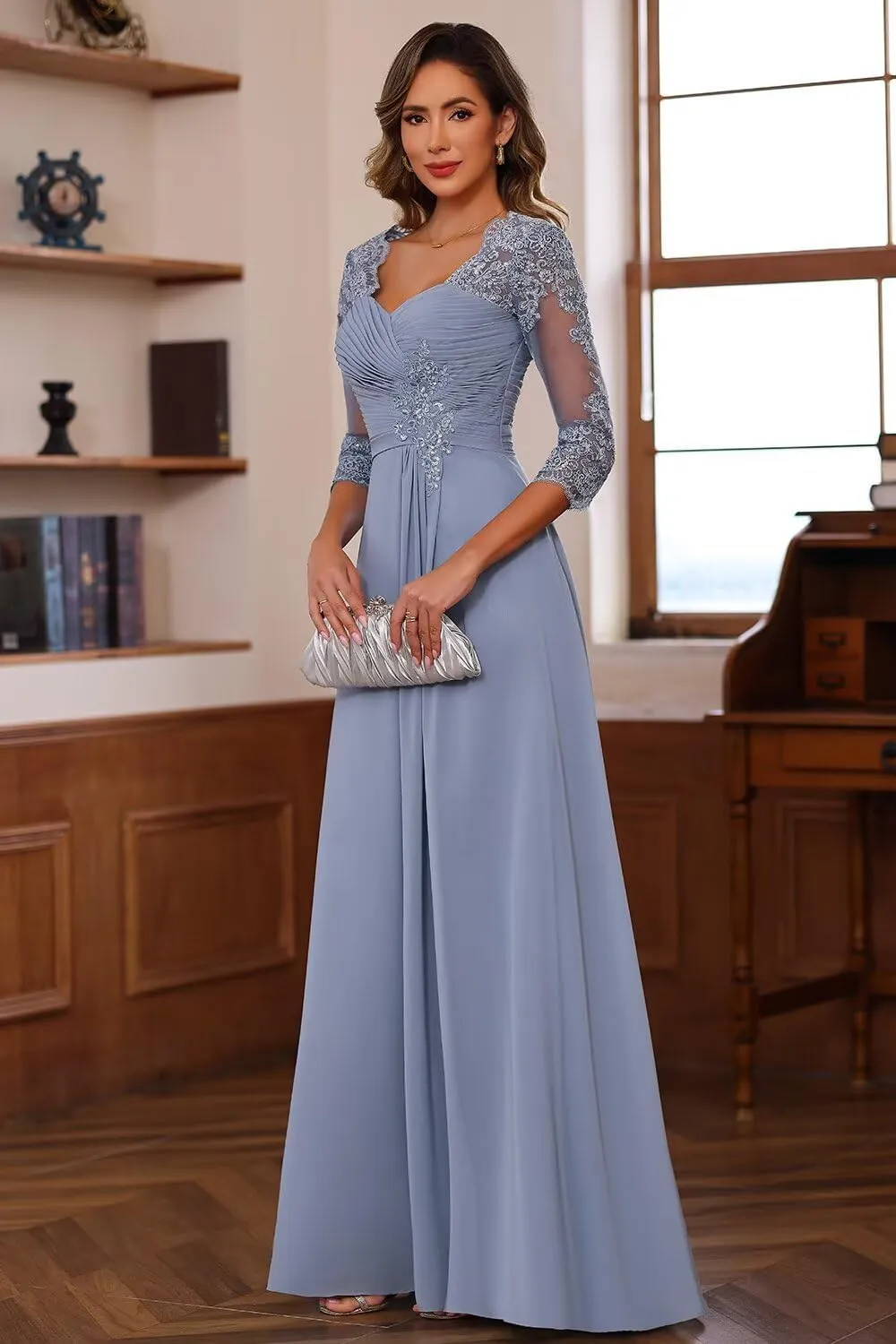 Chiffon Mother of Bride Dresses 2025 Lace Appliques 3/4 Sleeve Formal Dresses A Line Long Evening Prom Dress AU096