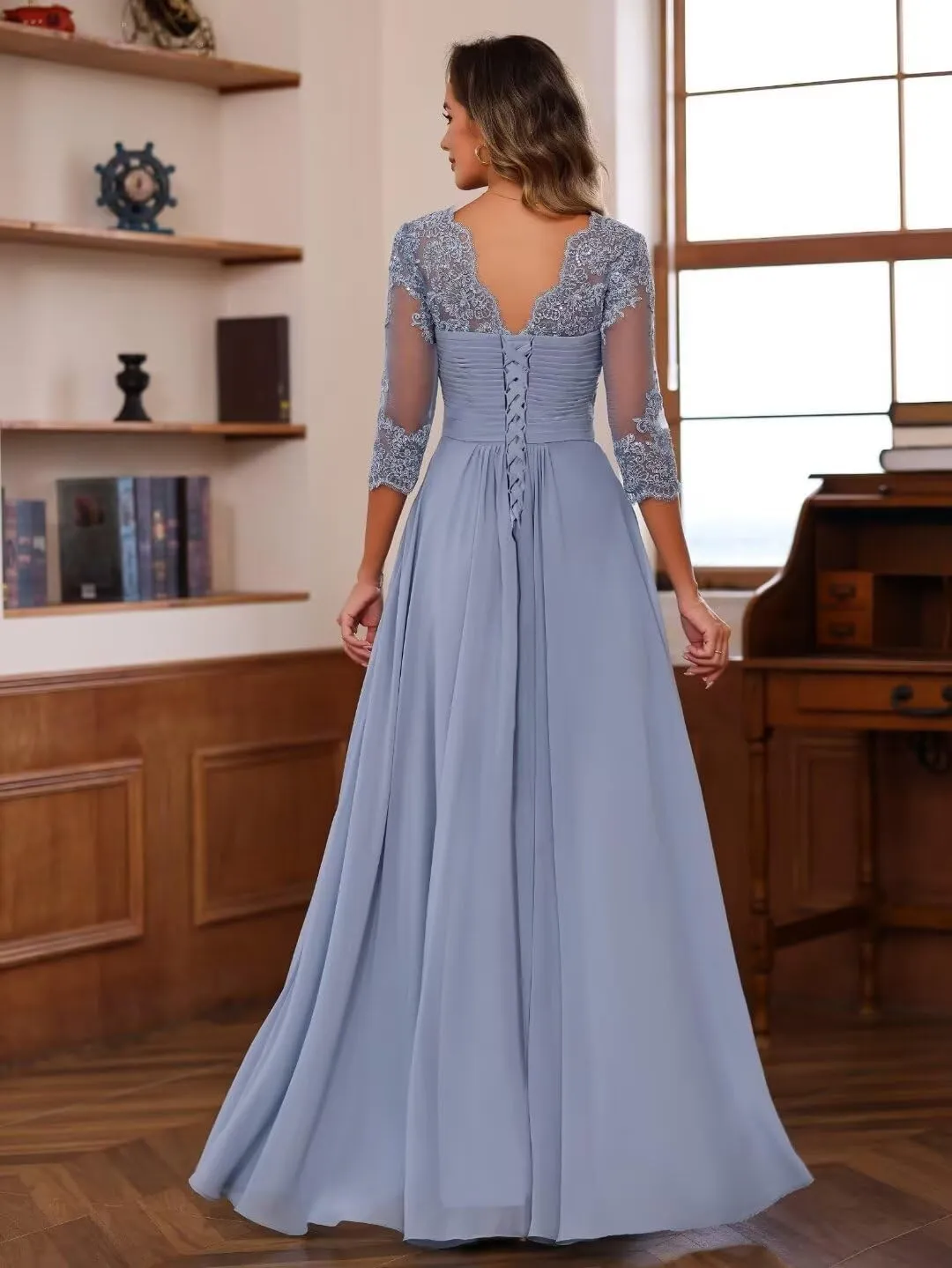 Chiffon Mother of Bride Dresses 2025 Lace Appliques 3/4 Sleeve Formal Dresses A Line Long Evening Prom Dress AU096