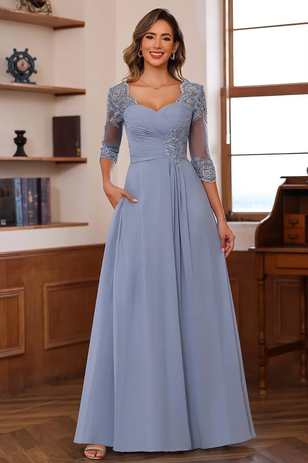Chiffon Mother of Bride Dresses 2025 Lace Appliques 3/4 Sleeve Formal Dresses A Line Long Evening Prom Dress AU096