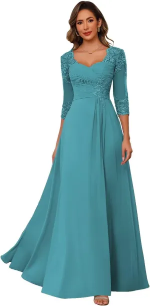 Chiffon Mother of Bride Dresses 2025 Lace Appliques 3/4 Sleeve Formal Dresses A Line Long Evening Prom Dress AU096