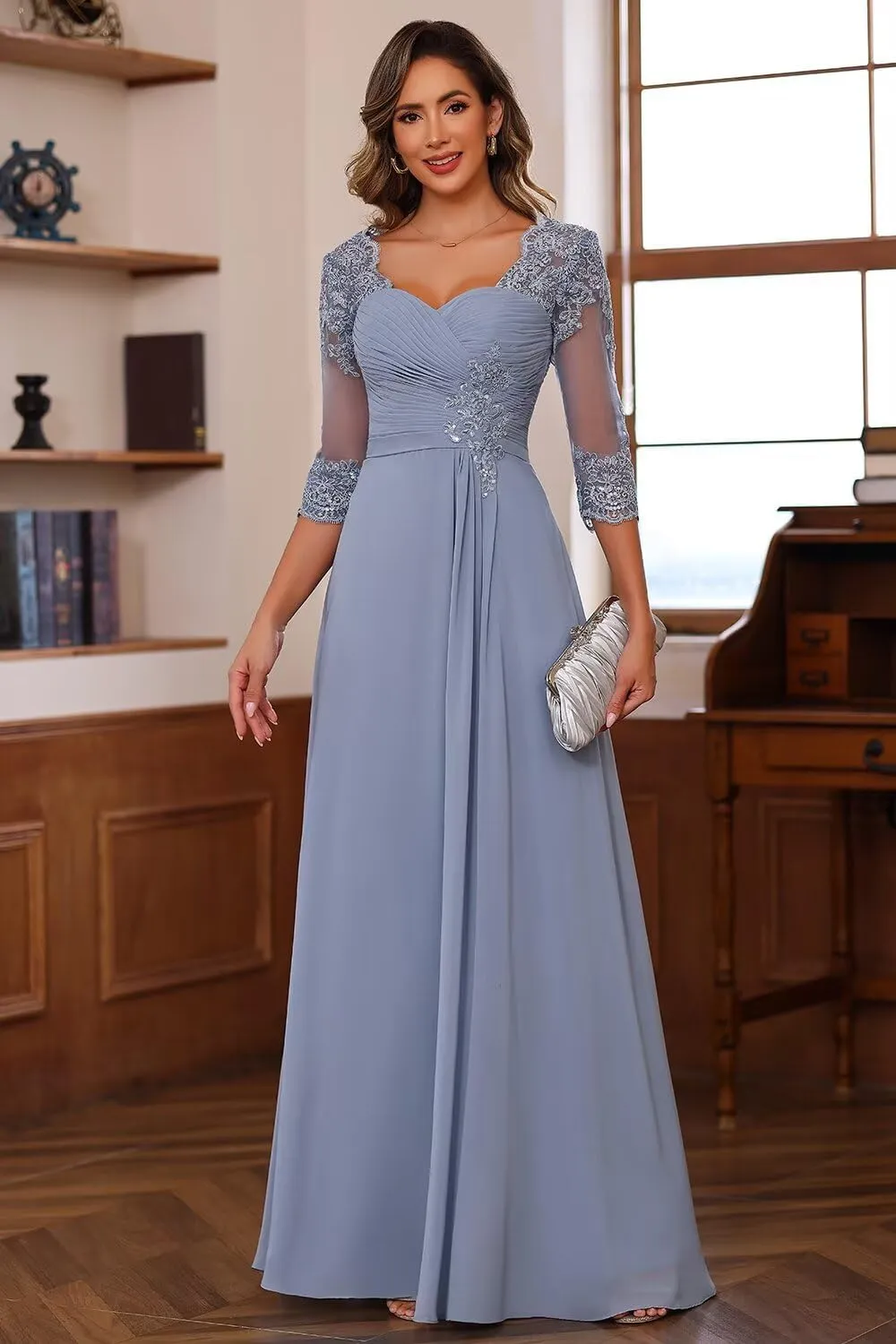Chiffon Mother of Bride Dresses 2025 Lace Appliques 3/4 Sleeve Formal Dresses A Line Long Evening Prom Dress AU096
